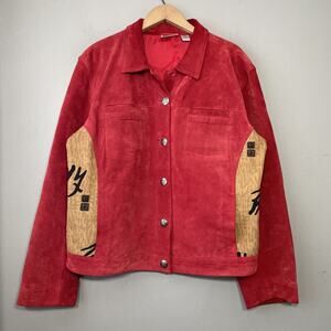 Chicos Design Suede Jacket Womens 3 Size XL Red Genuine Leather Asian Artsy Coat